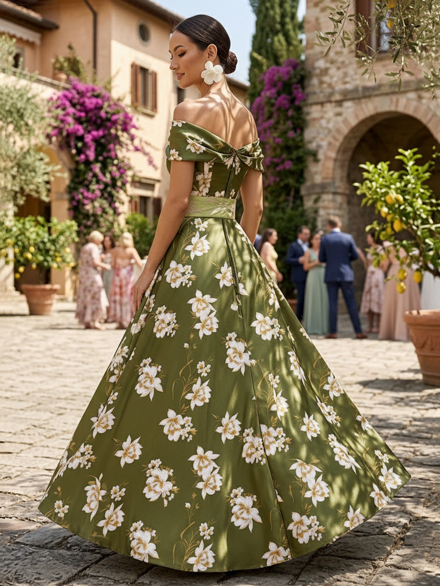 A-Line Off Shoulder Floral Print Satin Evening Dresses with Rhinestone Waist