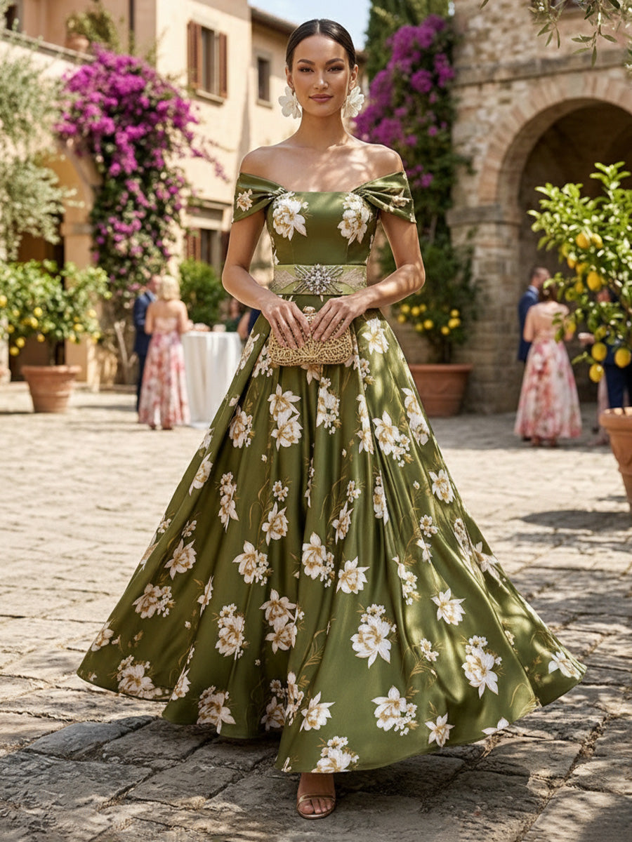 A-Line Off Shoulder Floral Print Satin Evening Dresses with Rhinestone Waist