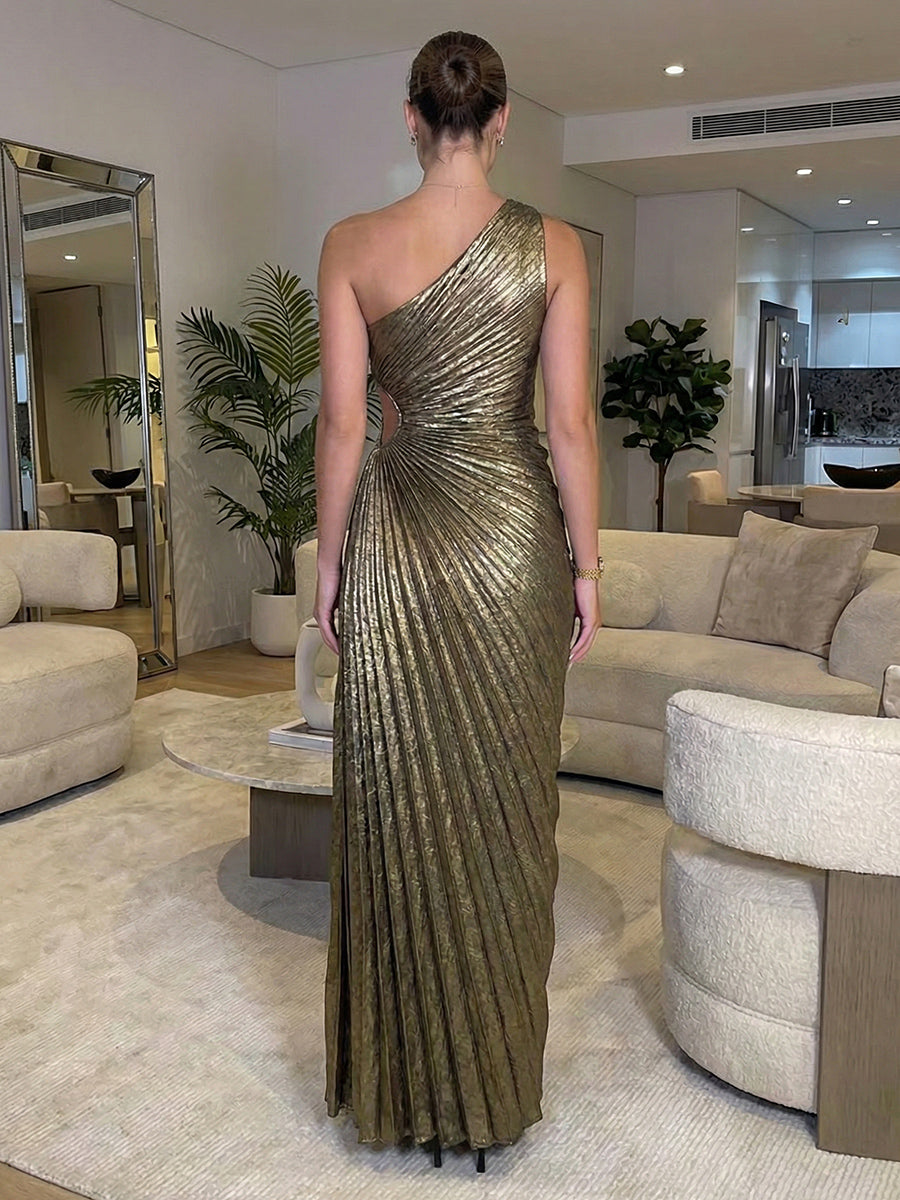 A-Line One Shoulder Pleated Metallic Satin Maxi Evening Dresses