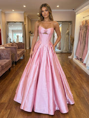 A-Line Satin Strapless Cut-Out Evening Dresses Ball Gowns with Corset