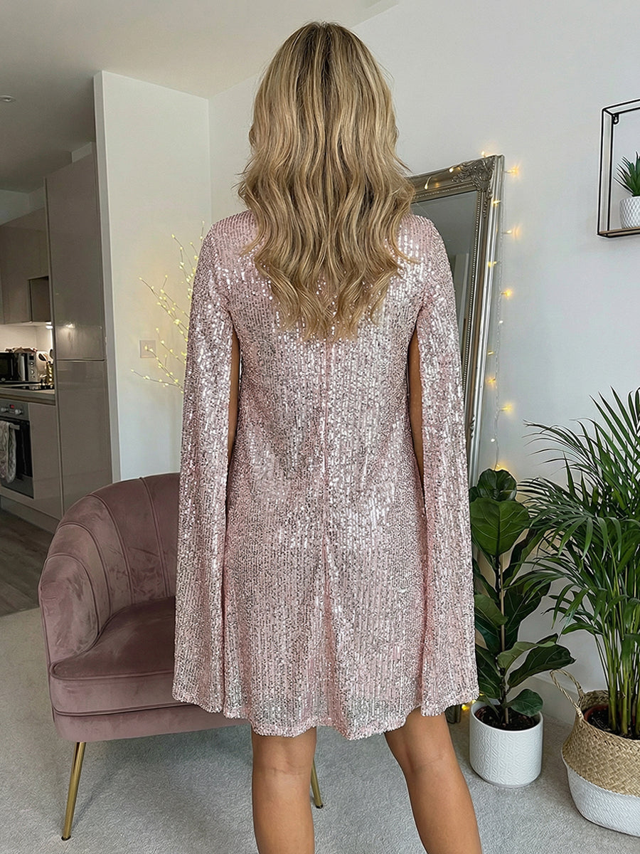 A-Line Sequin Short Length Cocktail Dresses with Cape Sleeves