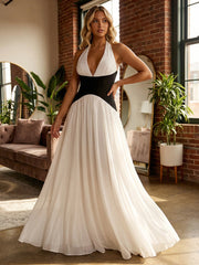 A-Line Pleated Chiffon Halter Deep V-Neck Mixed Color Evening Dresses