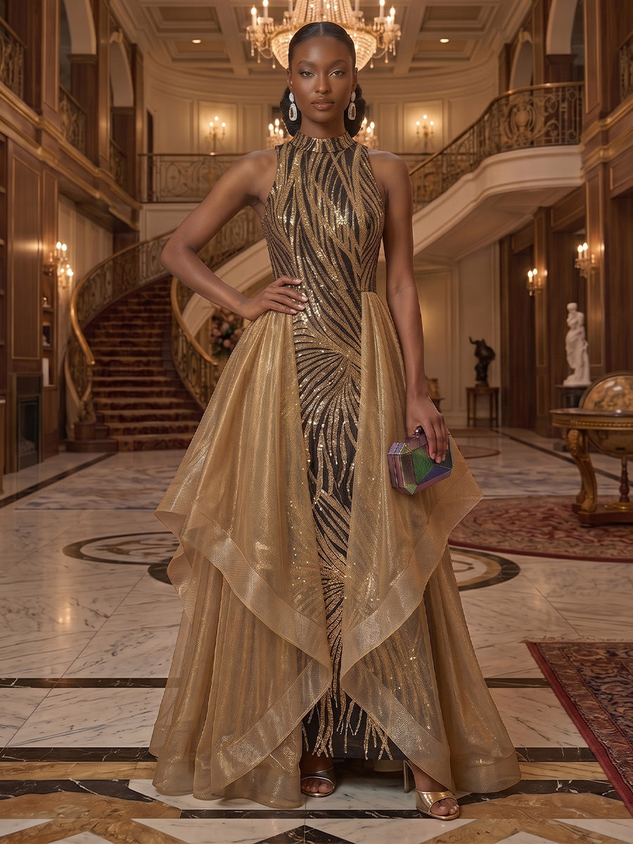 A-Line/Princess High Neck Sequin Maxi Evening Dresses with Ruffles