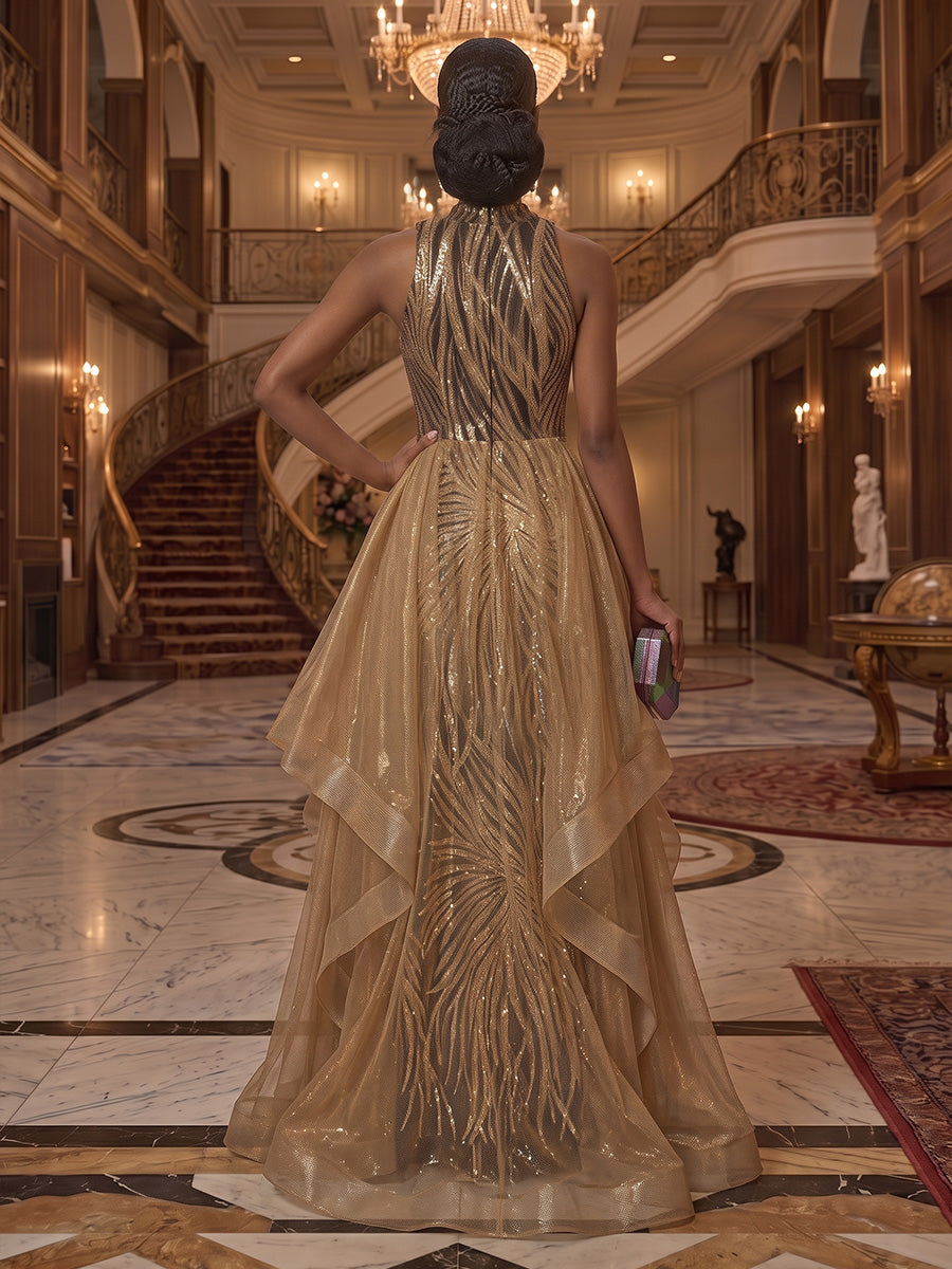 A-Line/Princess High Neck Sequin Maxi Evening Dresses with Ruffles