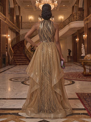 A-Line/Princess High Neck Sequin Maxi Evening Dresses with Ruffles