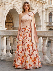 A-Line/Princess One Shoulder Floral Embroidery Maxi Evening Dresses with Bow