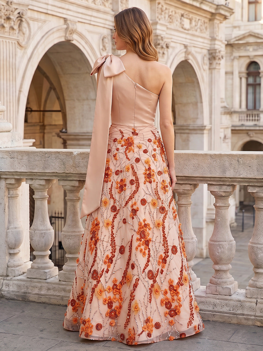A-Line/Princess One Shoulder Floral Embroidery Maxi Evening Dresses with Bow