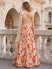 A-Line/Princess One Shoulder Floral Embroidery Maxi Evening Dresses with Bow