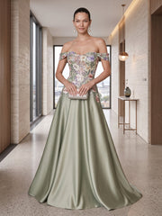 A-Line/Princess Off Shoulder Satin Maxi Evening Dresses with Sequin Floral Bodice & Sweep Train
