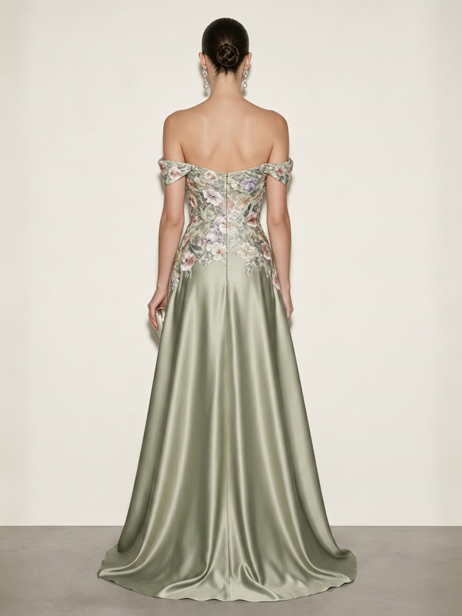 A-Line/Princess Off Shoulder Satin Maxi Evening Dresses with Sequin Floral Bodice & Sweep Train
