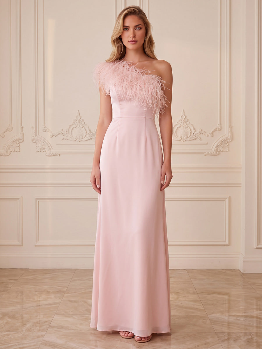 A-Line/Princess One Shoulder Satin Maxi Evening Dresses with Feather Trim
