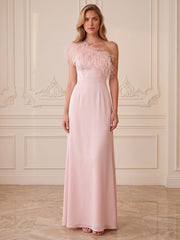A-Line/Princess One Shoulder Satin Maxi Evening Dresses with Feather Trim