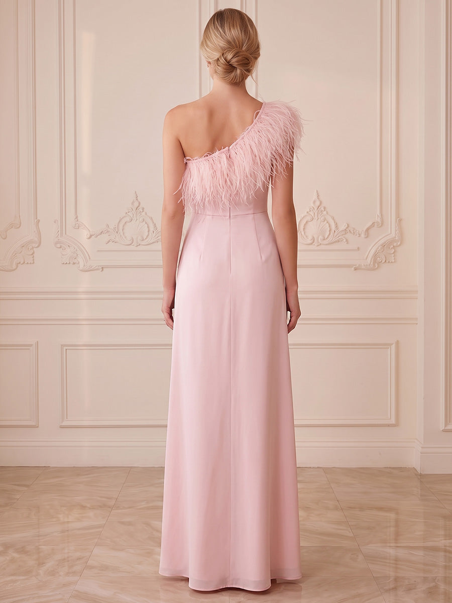 A-Line/Princess One Shoulder Satin Maxi Evening Dresses with Feather Trim
