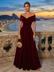 A-Line/Princess Off Shoulder Velvet Maxi Evening Dresses with Pleats