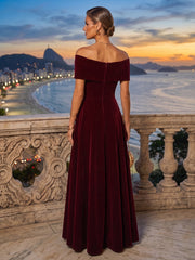 A-Line/Princess Off Shoulder Velvet Maxi Evening Dresses with Pleats