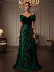 A-Line/Princess Off Shoulder Velvet Maxi Evening Dresses with Pleats