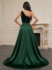 A-Line/Princess One Shoulder Velvet Maxi Evening Dresses with Sequin Floral
