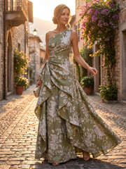 A-Line/Princess One Shoulder Jacquard Floor-Length Evening Dresses with Ruffles & Ruched Waist