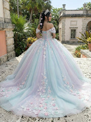 3D Floral Applique Quinceanera Dress Off Shoulder Tulle Princess Gown for 15th Birthday