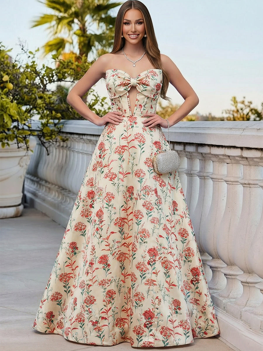 A Line/Princess Jacquard Cut-Out Floor-Length Fancy Evening Dress for Teens with Bow