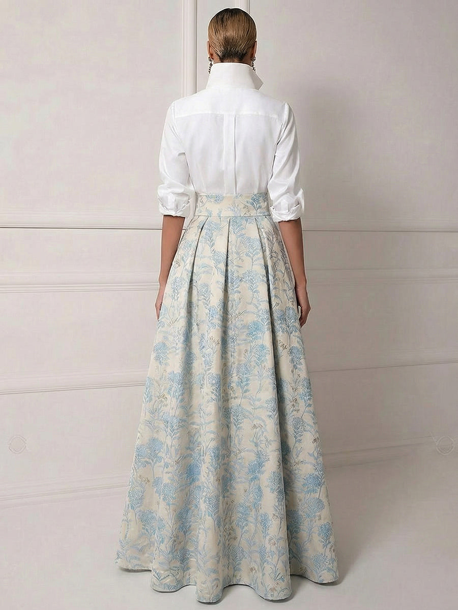 A Line Shirt Collar Half Sleeve Long Mother of the Bride Dresses with Jacquard