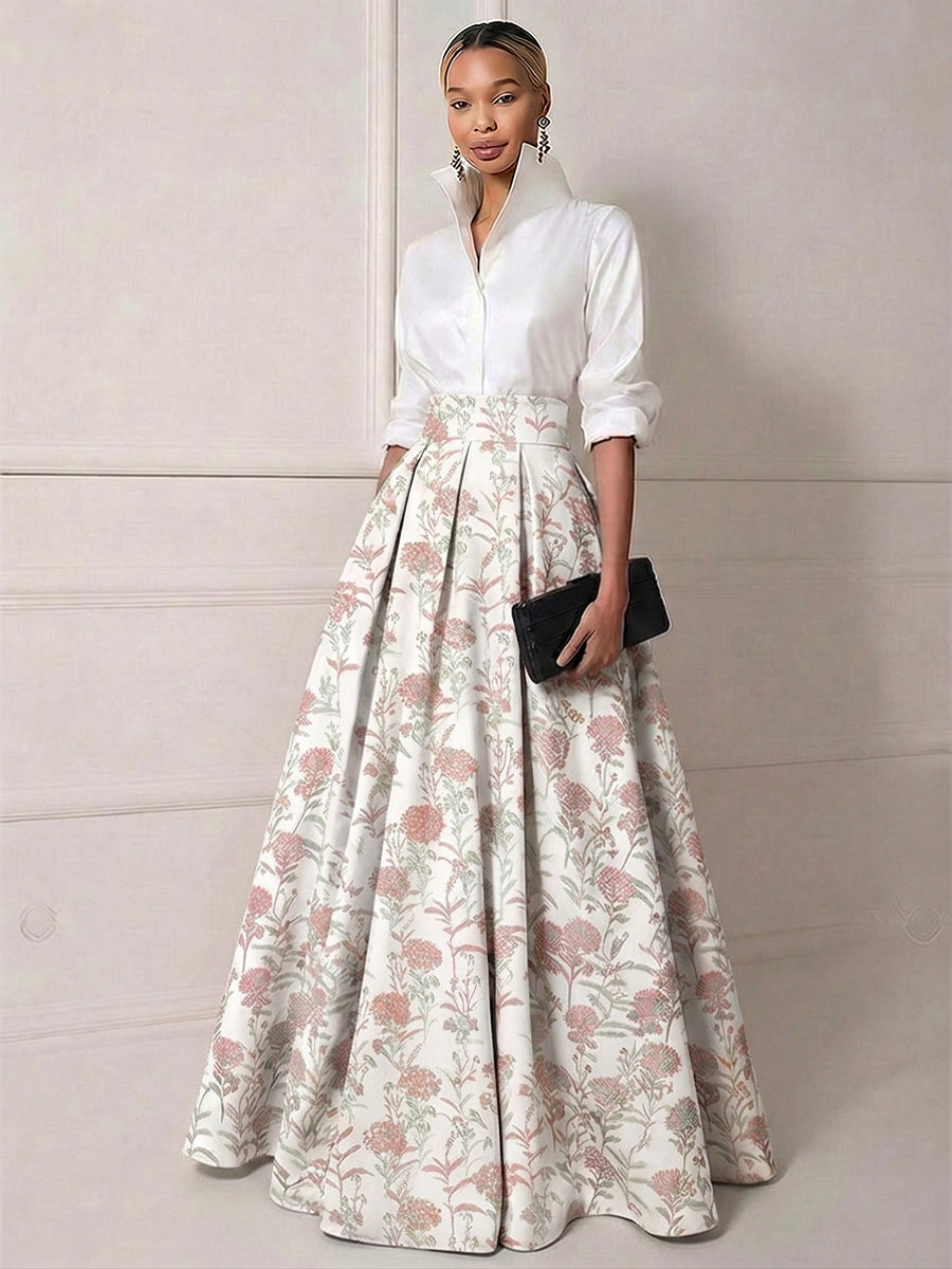 A Line Shirt Collar Half Sleeve Long Mother of the Bride Dresses with Jacquard