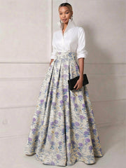A Line Shirt Collar Half Sleeve Long Mother of the Bride Dresses with Jacquard
