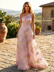 A-Line One Shoulder Floral Embroidered Lace Maxi Evening Dresses