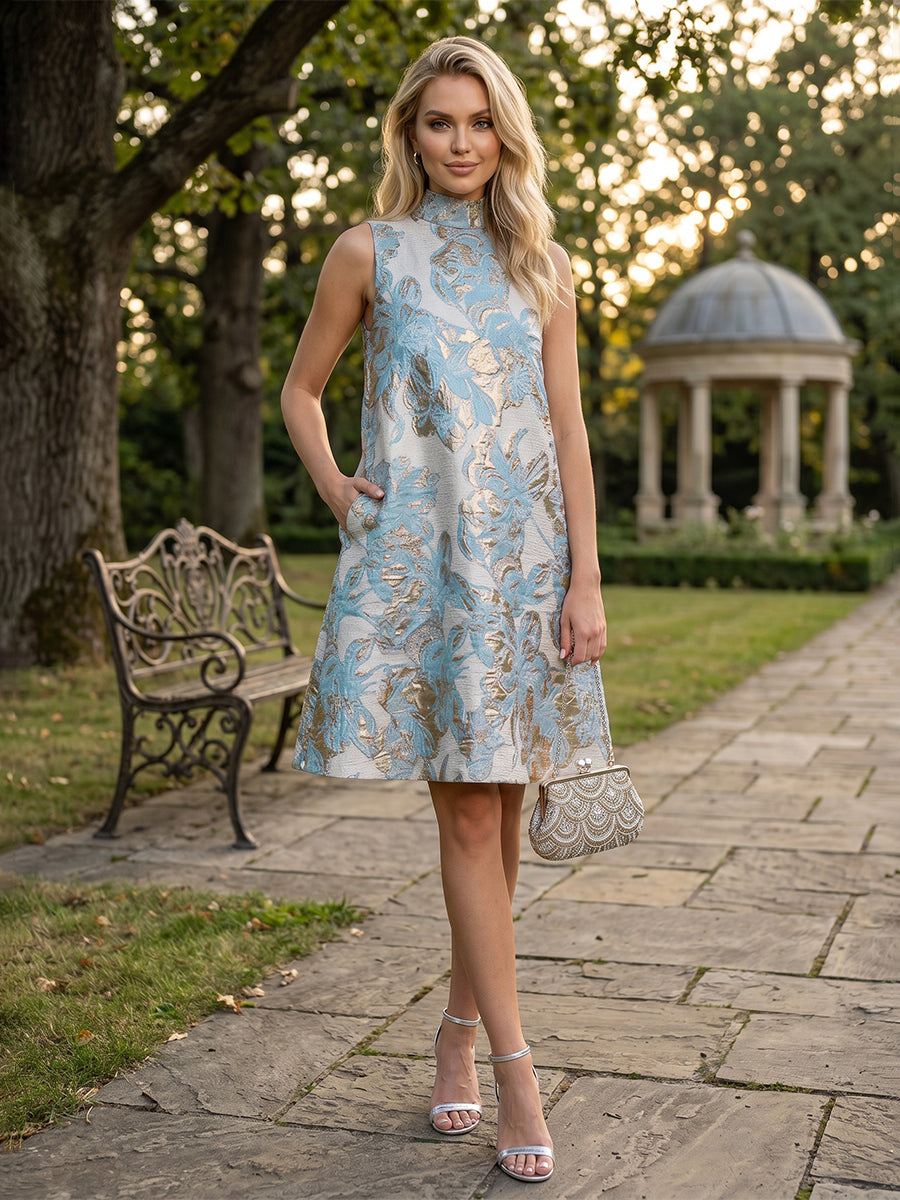 A-Line/Princess Cocktail Dresses Jacquard High-Neck Short-Length Sleeveless