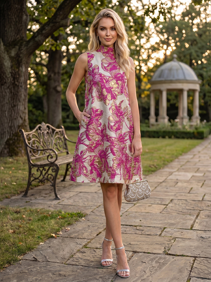 A-Line/Princess Cocktail Dresses Jacquard High-Neck Short-Length Sleeveless