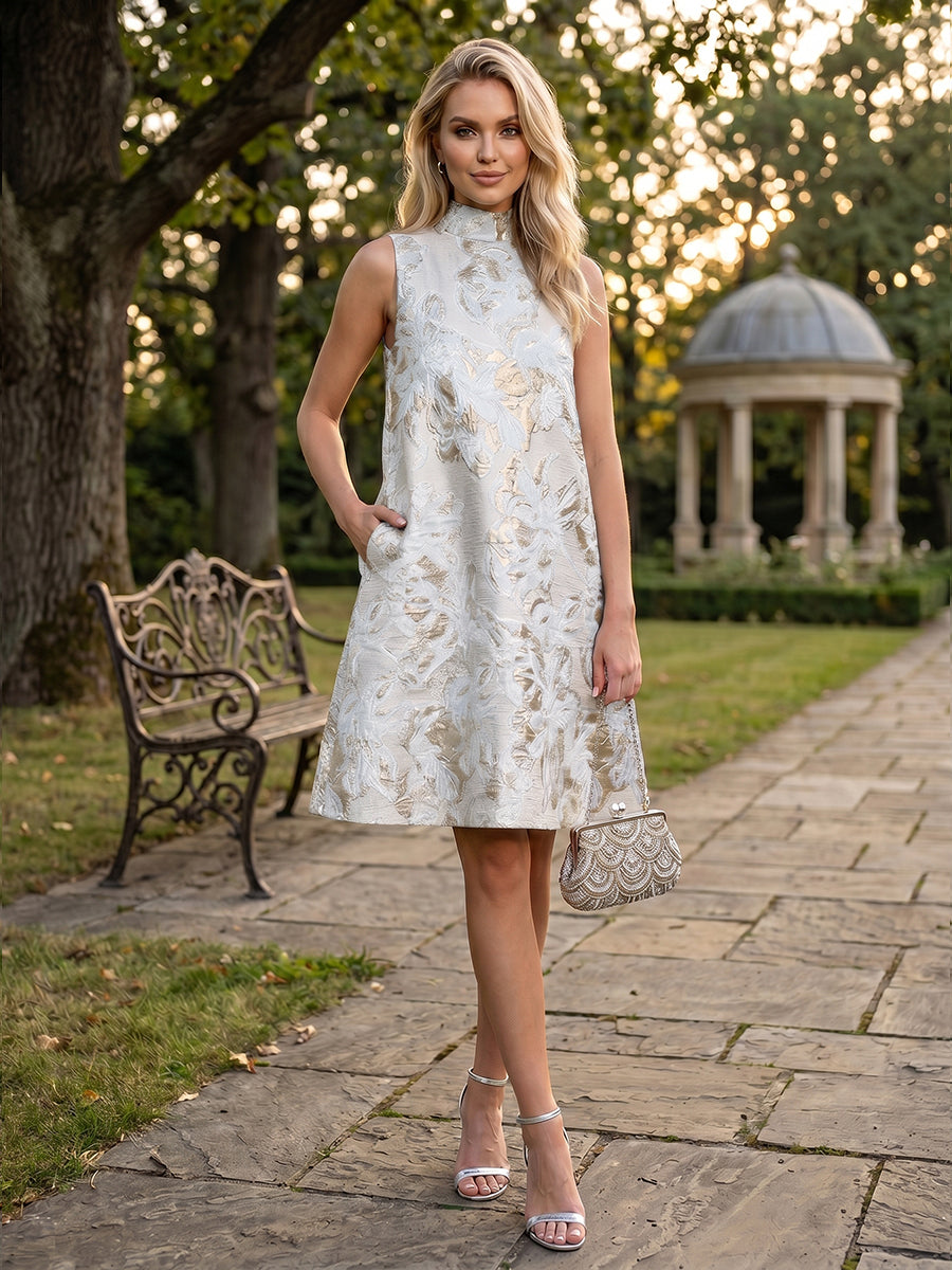 A-Line/Princess Cocktail Dresses Jacquard High-Neck Short-Length Sleeveless