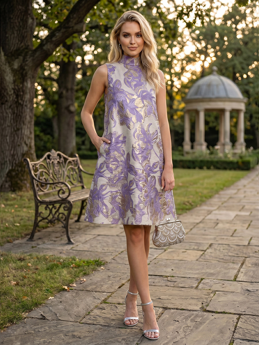 A-Line/Princess Cocktail Dresses Jacquard High-Neck Short-Length Sleeveless