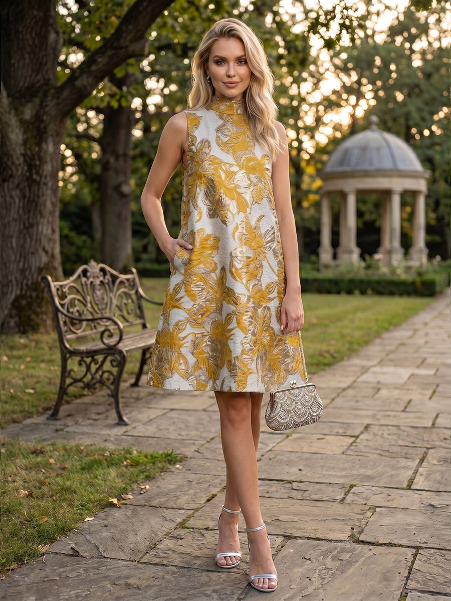 A-Line/Princess Cocktail Dresses Jacquard High-Neck Short-Length Sleeveless