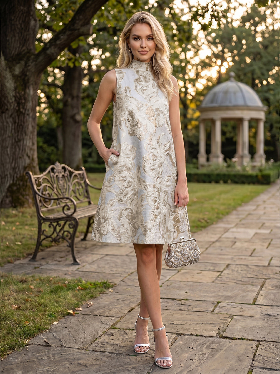 A-Line/Princess Cocktail Dresses Jacquard High-Neck Short-Length Sleeveless