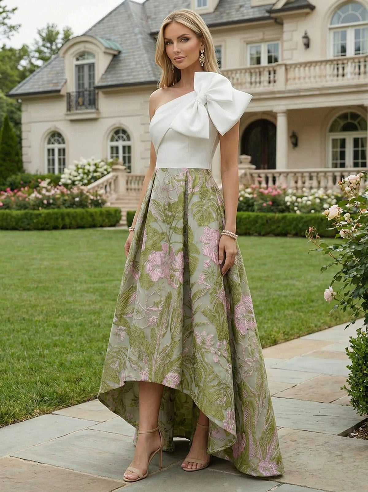 A-Line Floral Jacquard High-Low Hem Mother of the Bride & Groom Dresses One Shoulder Evening Gowns with Bow