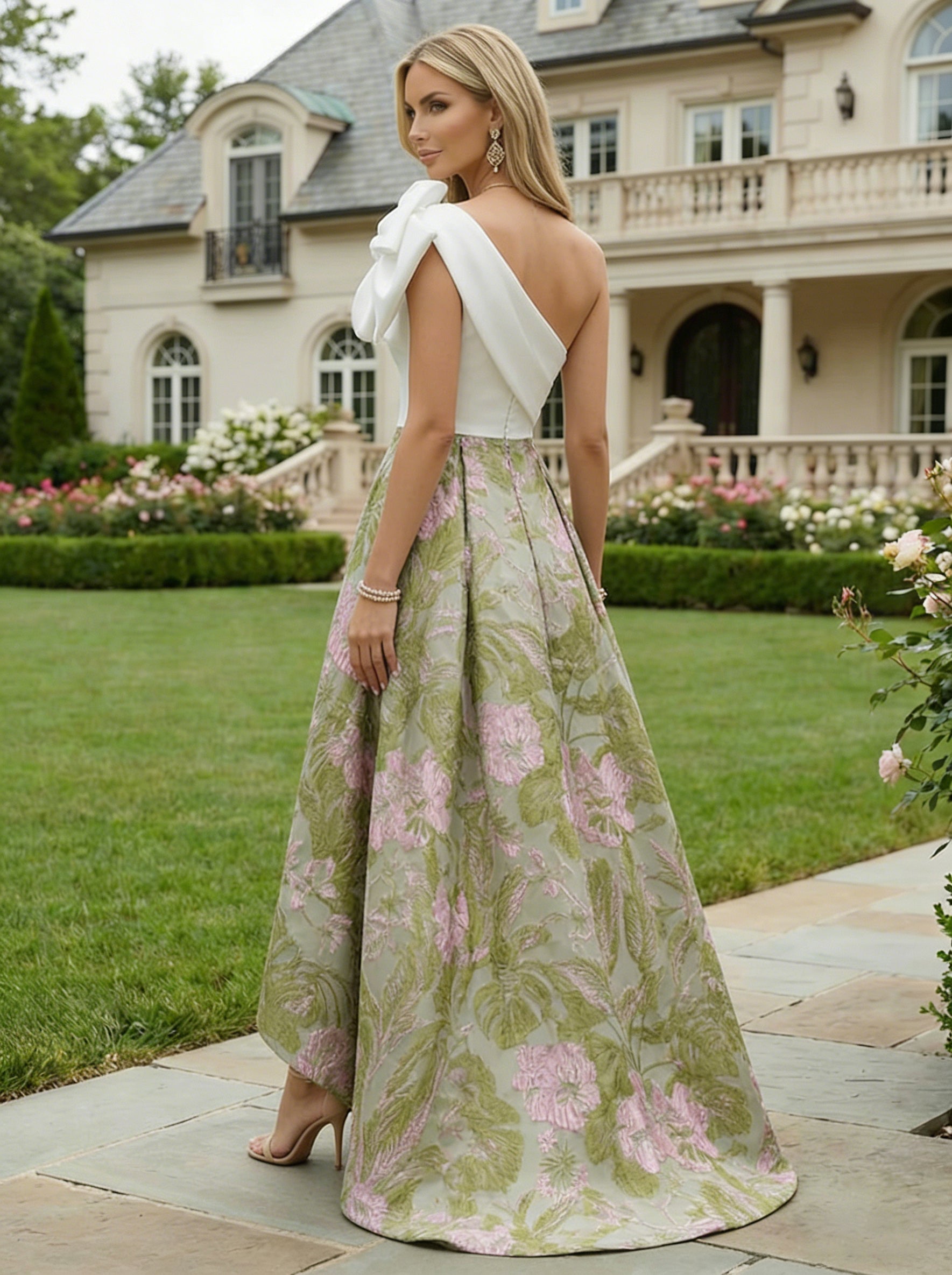 A-Line Floral Jacquard High-Low Hem Mother of the Bride & Groom Dresses One Shoulder Evening Gowns with Bow