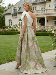 A-Line Floral Jacquard High-Low Hem Mother of the Bride & Groom Dresses One Shoulder Evening Gowns with Bow