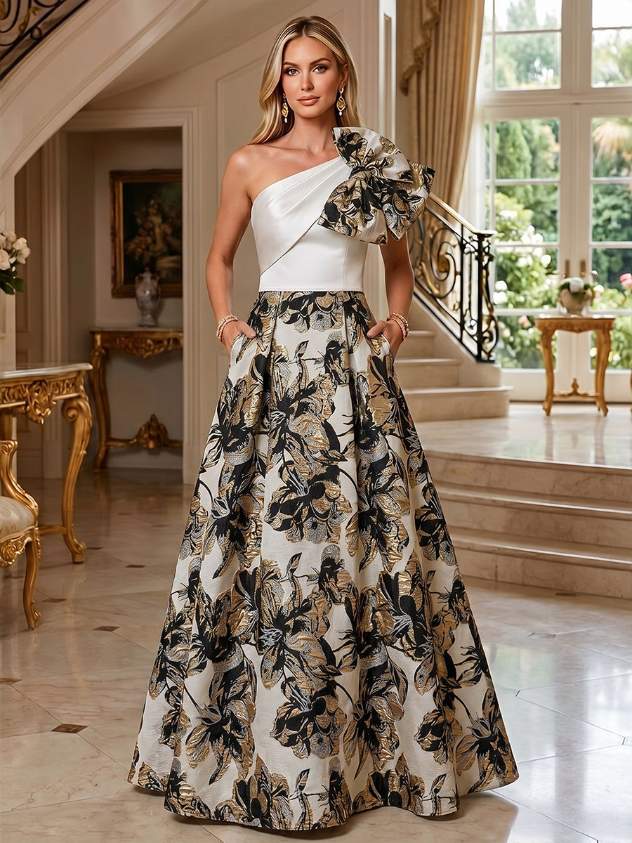 A-Line Floral Jacquard One Shoulder Mother of the Bride & Groom Dresses Floor-Length Evening Gowns with Bow
