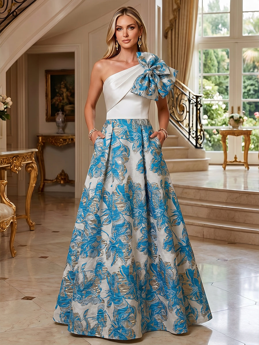 A-Line Floral Jacquard One Shoulder Mother of the Bride & Groom Dresses Floor-Length Evening Gowns with Bow