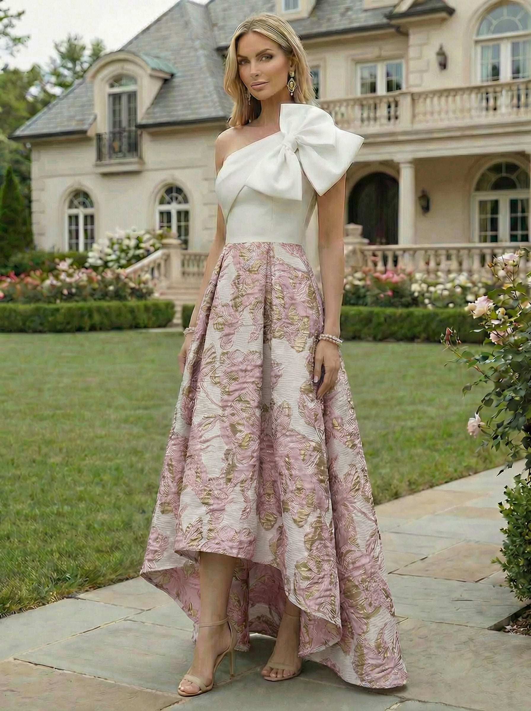 A-Line Floral Jacquard High-Low Hem Mother of the Bride & Groom Dresses One Shoulder Evening Gowns with Bow
