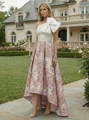 A-Line Floral Jacquard High-Low Hem Mother of the Bride & Groom Dresses One Shoulder Evening Gowns with Bow