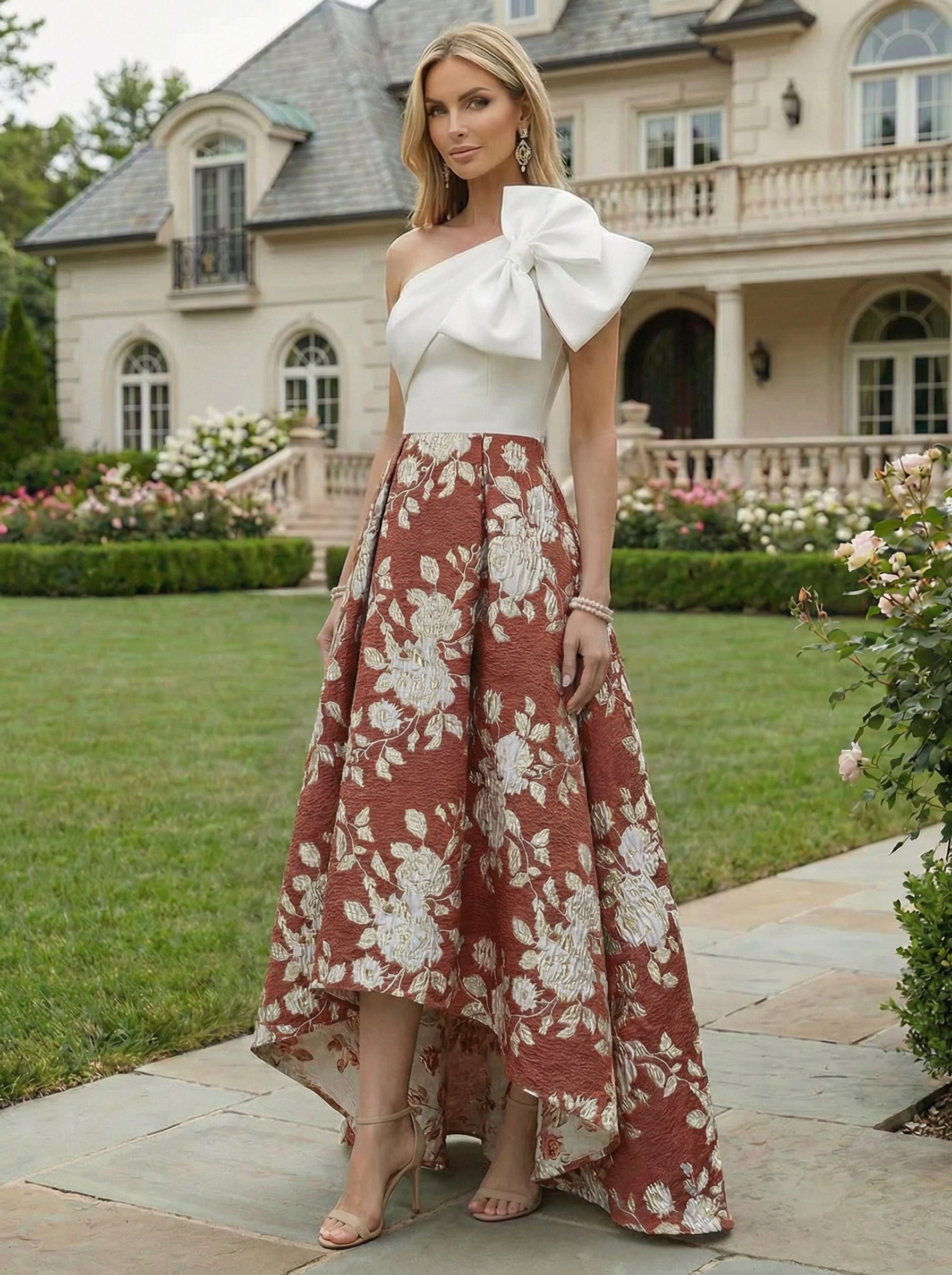 A-Line Floral Jacquard High-Low Hem Mother of the Bride & Groom Dresses One Shoulder Evening Gowns with Bow