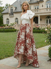 A-Line Floral Jacquard High-Low Hem Mother of the Bride & Groom Dresses One Shoulder Evening Gowns with Bow
