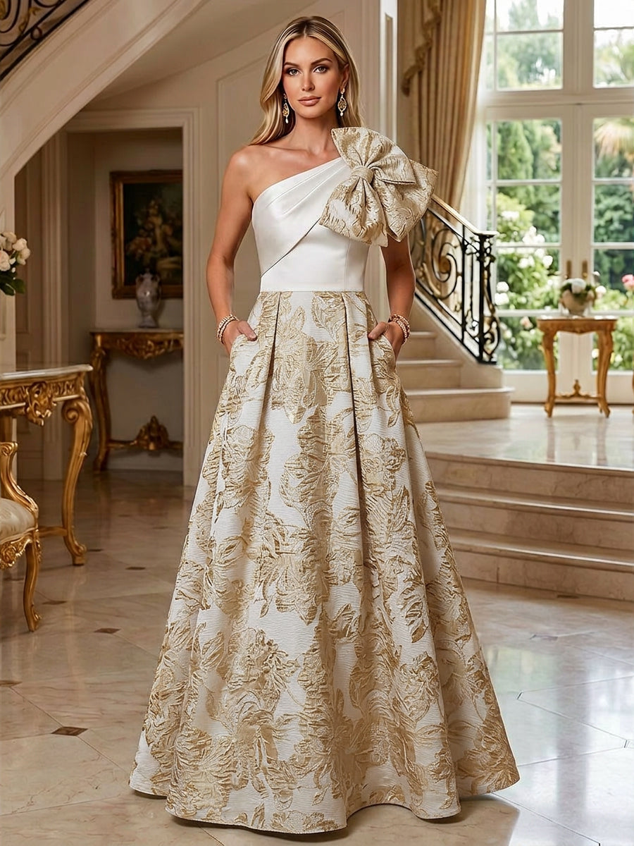 A-Line Floral Jacquard One Shoulder Mother of the Bride & Groom Dresses Floor-Length Evening Gowns with Bow