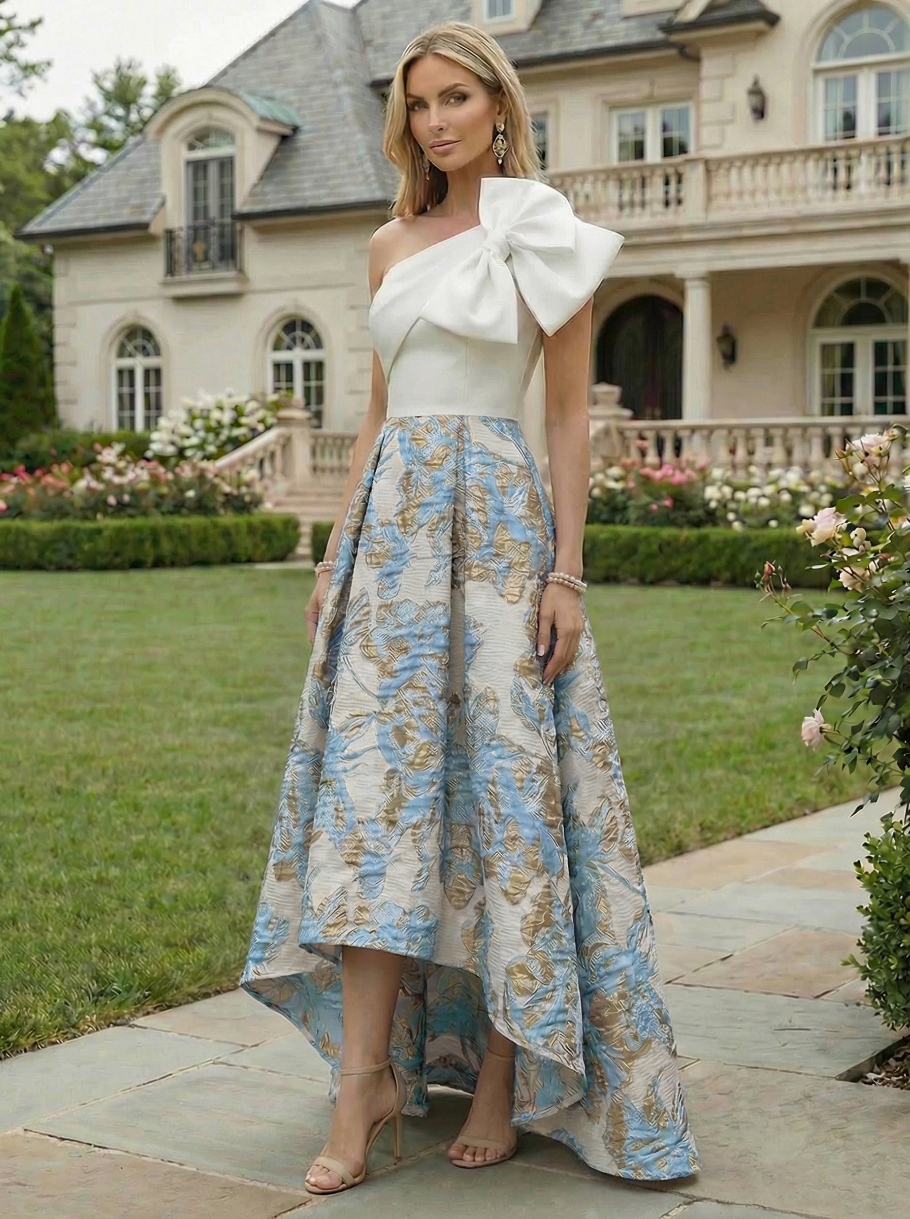 A-Line Floral Jacquard High-Low Hem Mother of the Bride & Groom Dresses One Shoulder Evening Gowns with Bow