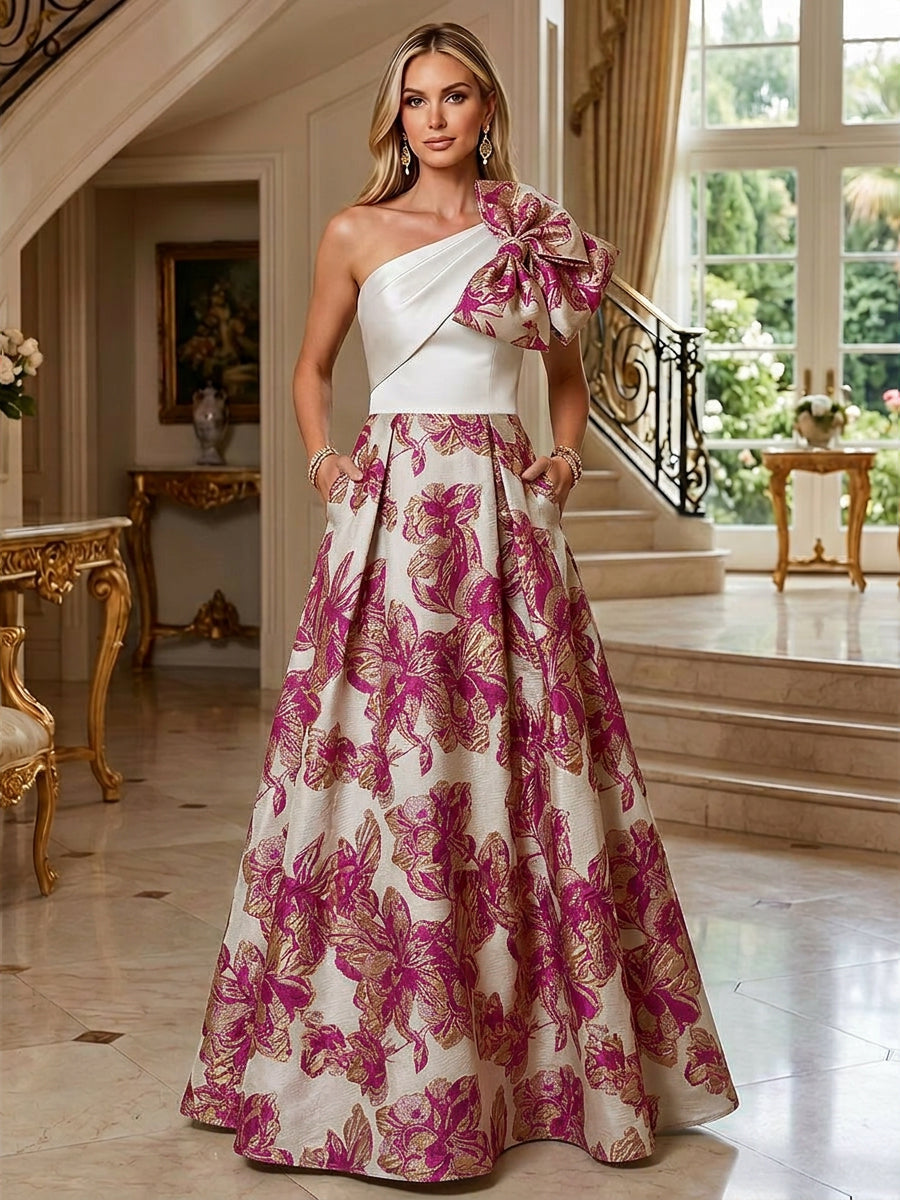 A-Line Floral Jacquard One Shoulder Mother of the Bride & Groom Dresses Floor-Length Evening Gowns with Bow