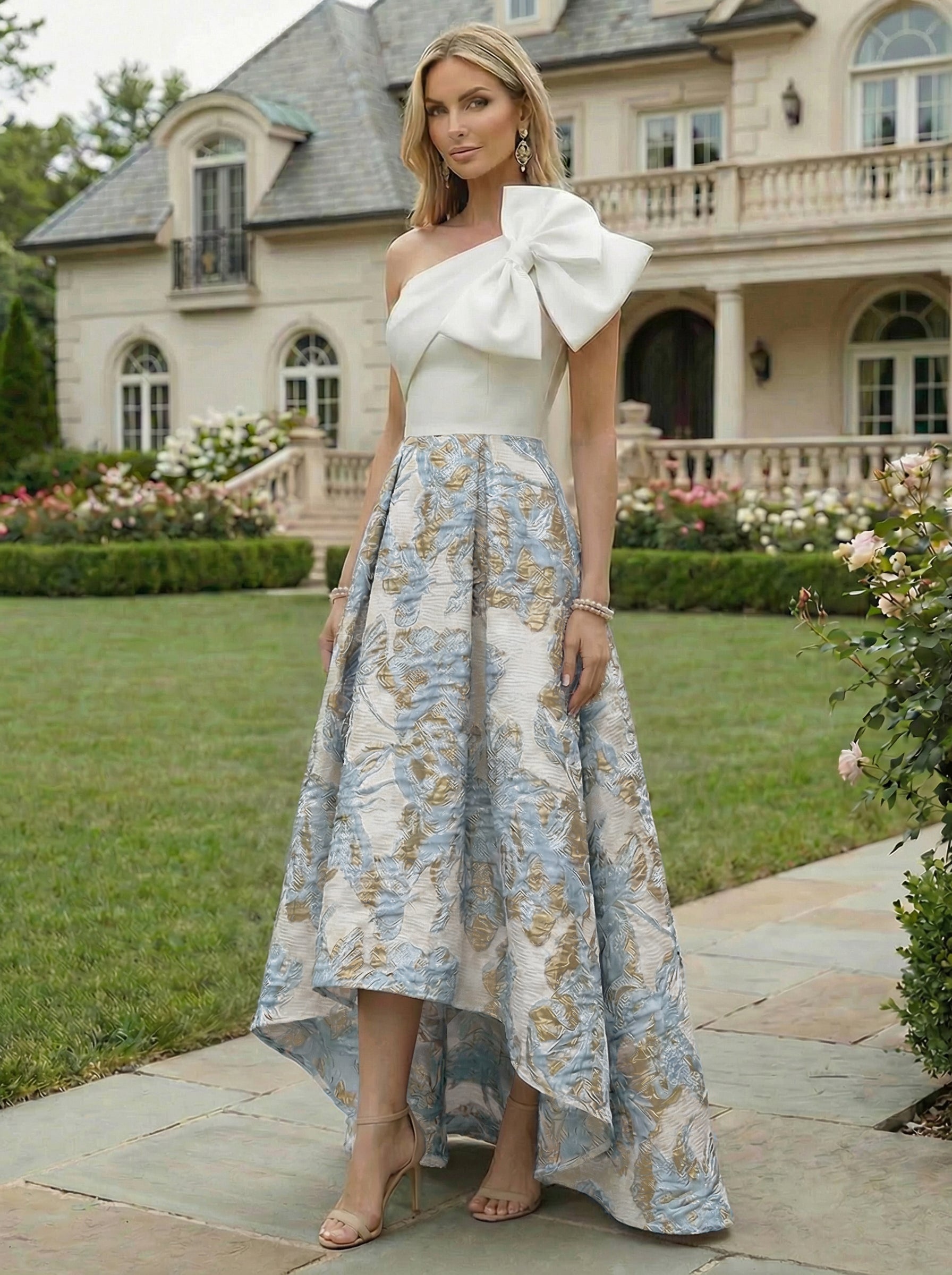 A-Line Floral Jacquard High-Low Hem Mother of the Bride & Groom Dresses One Shoulder Evening Gowns with Bow