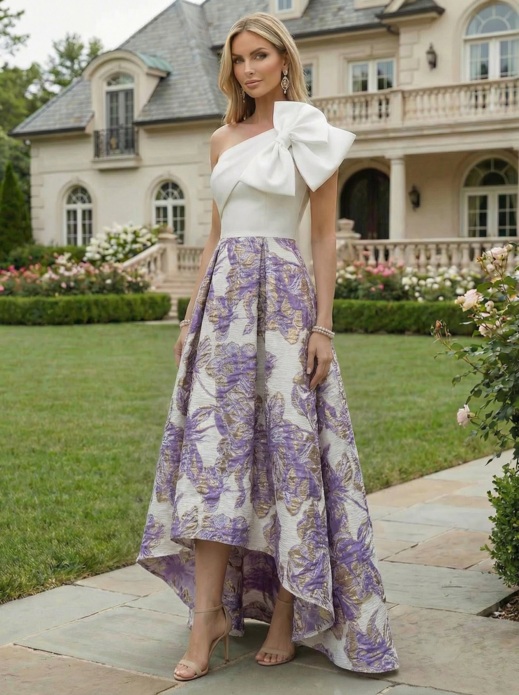 A-Line Floral Jacquard High-Low Hem Mother of the Bride & Groom Dresses One Shoulder Evening Gowns with Bow