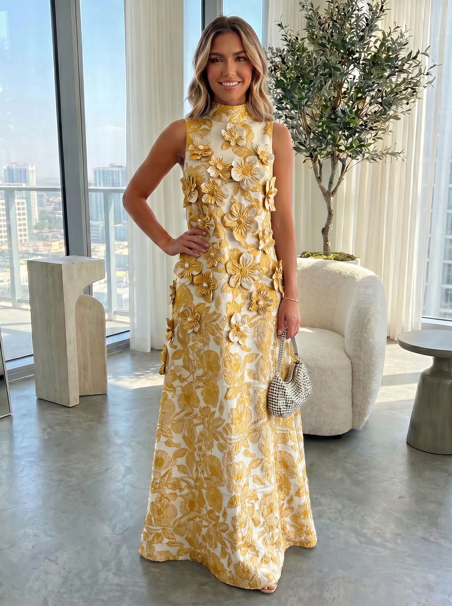 A-Line 3D Floral Appliques Jacquard High Neck Formal Dresses for Women