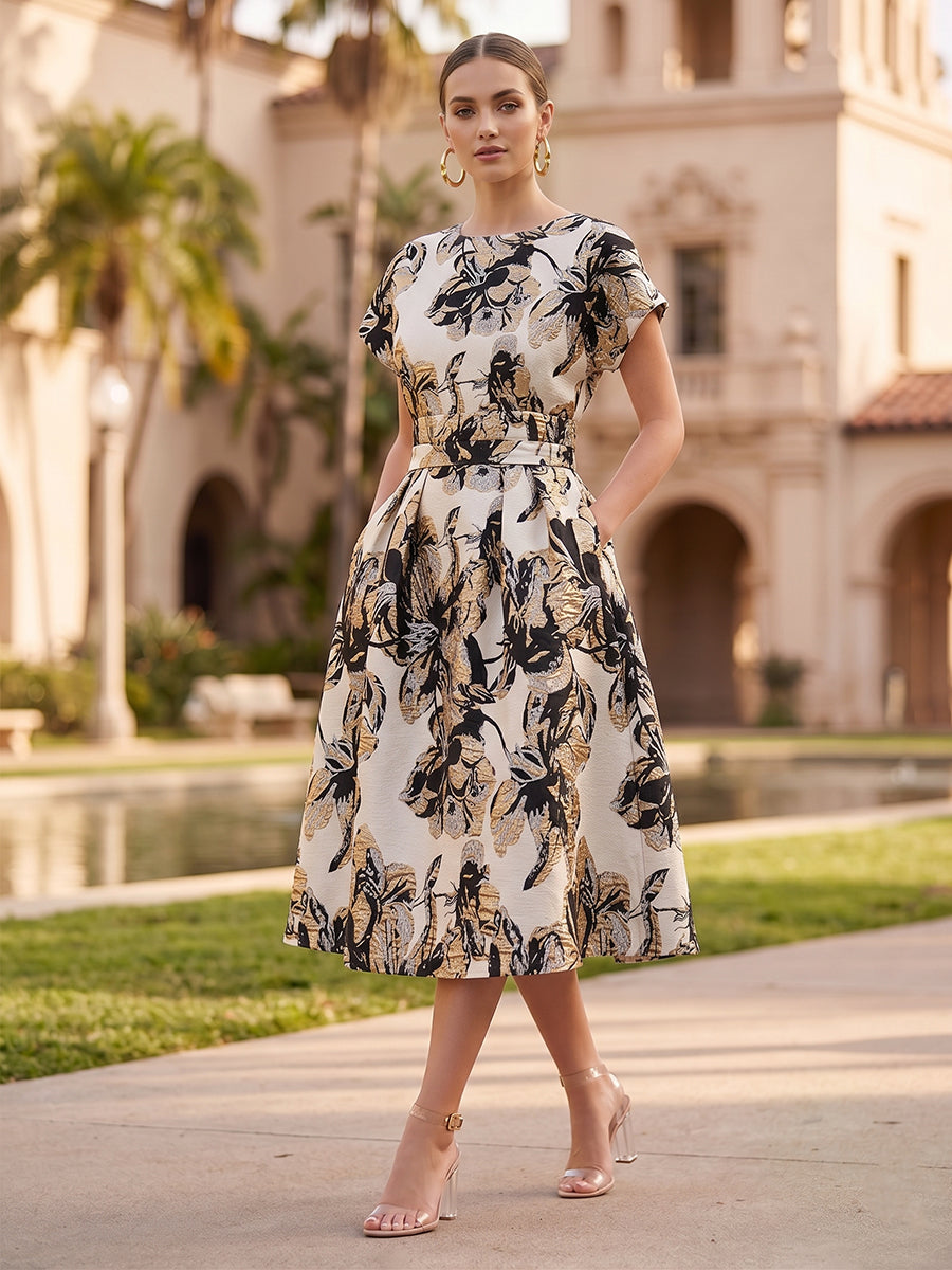 A-Line/Princess Jacquard Scoop Neck Tea-Length Cocktail Dresses